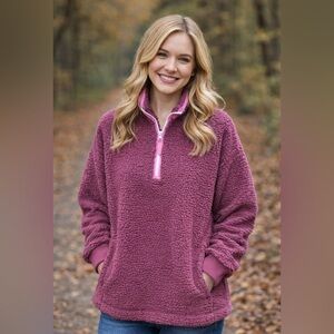 Aerie Half-Zip Sherpa Pullover Burgundy & Pink Women’s Small